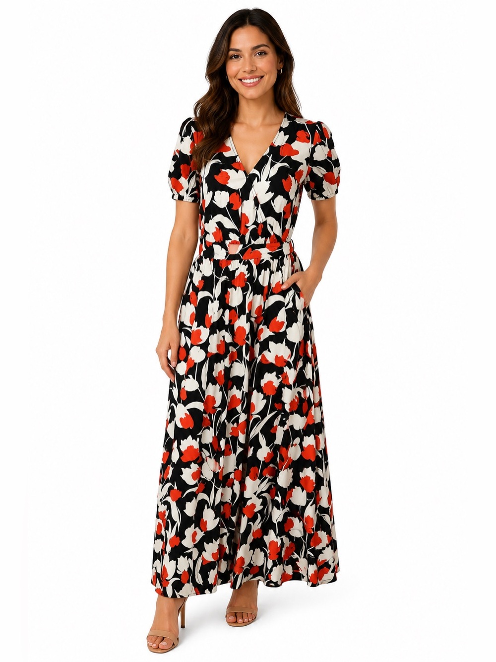 Black 100% Cotton Maxi Dress-Orange & White Tulip Print